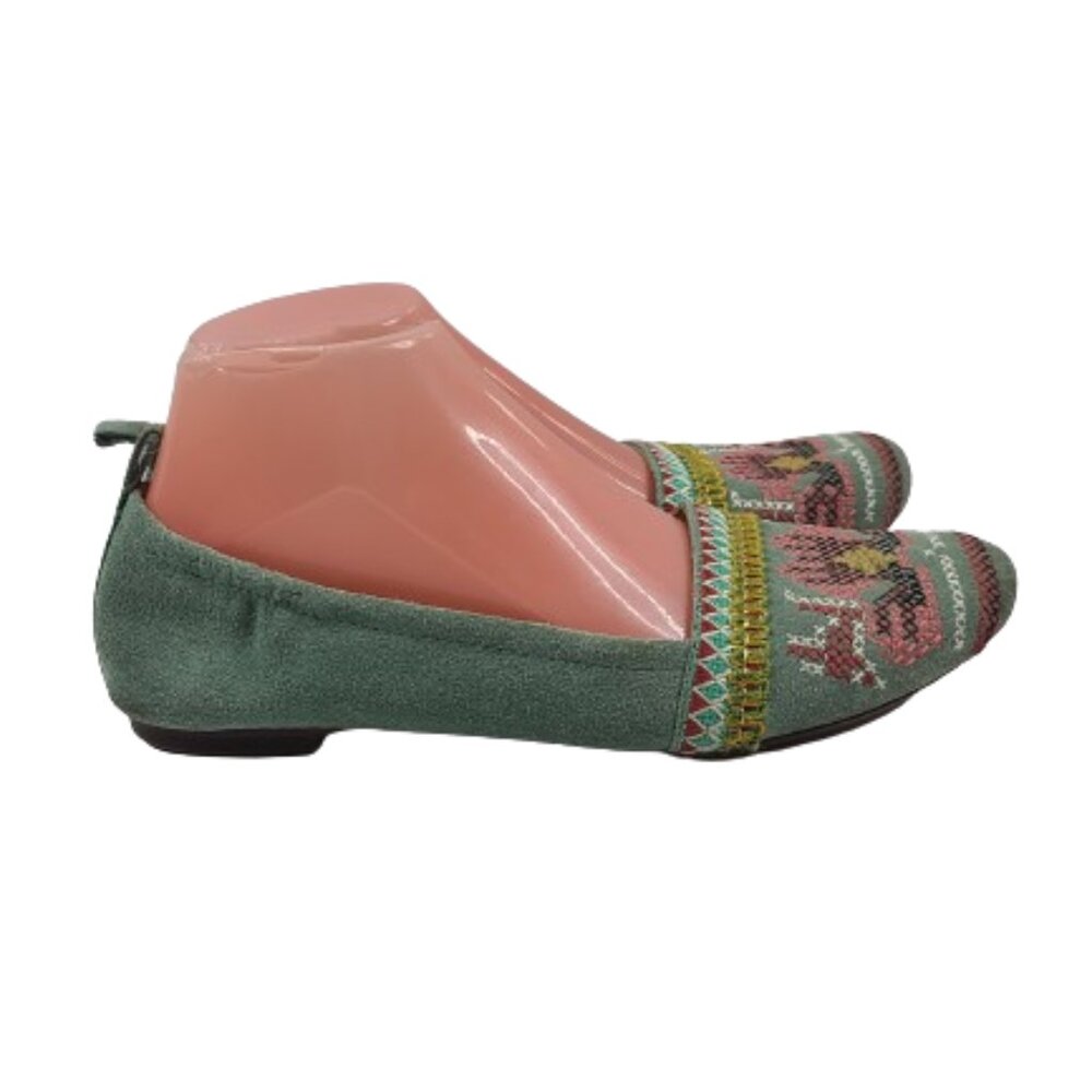 Latigo by Anthropologie Olive Basia Embroidered Leather Boho Slip On Flats Sz 8M